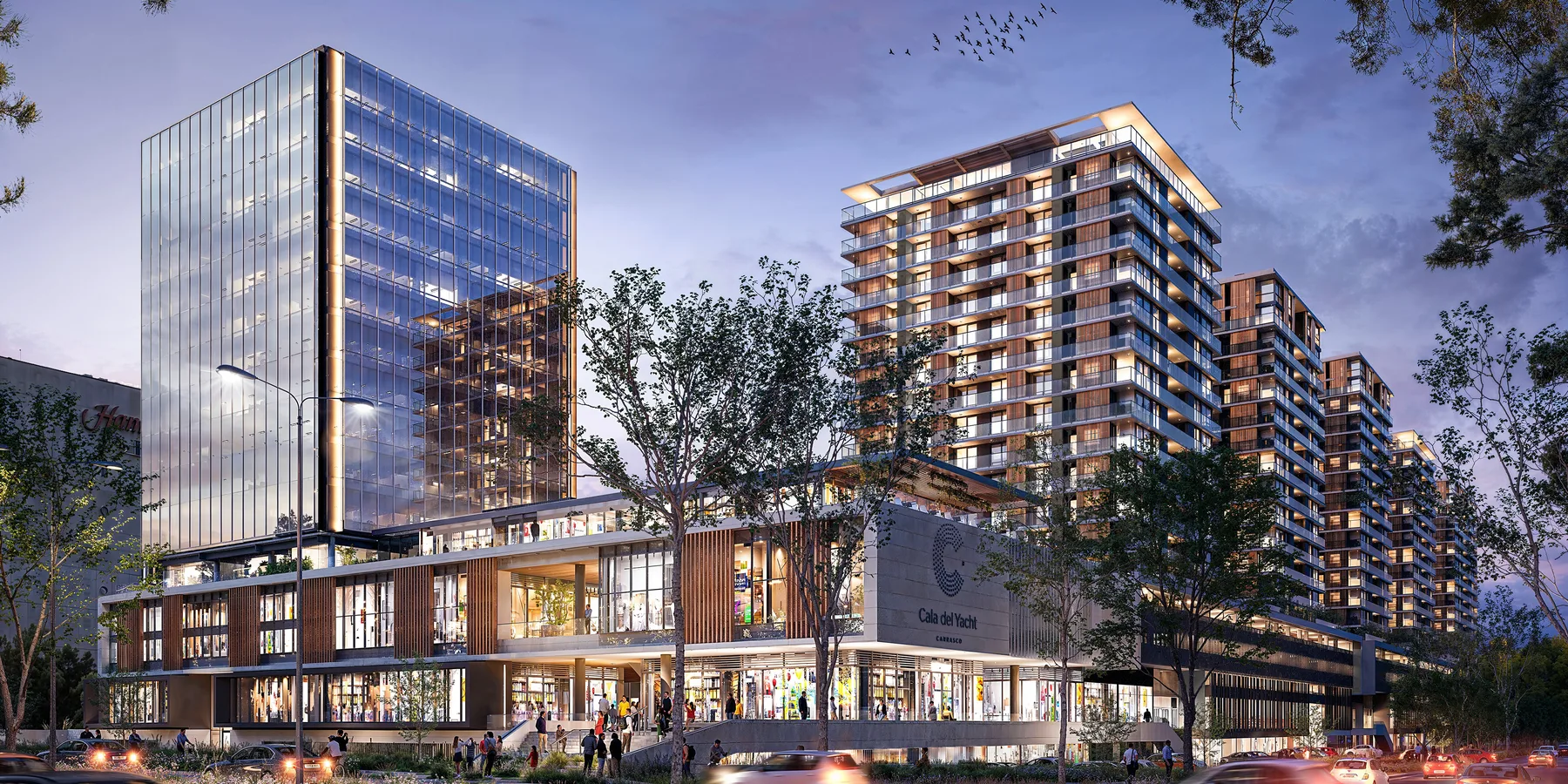 Night view commercial corner render - 5 Torres by Imabox